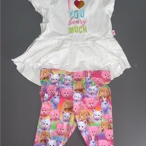 Build a Bear Baby Outfit. White Peplum Top and Colorful Animal Print Leggings.